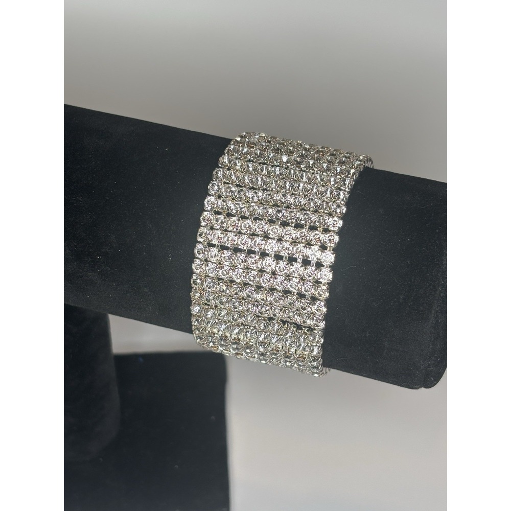 Wide Clear Rhinestone Stretch Cuff Bracelet Silver Tone Statement Wedding Prom